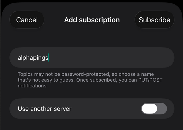 ntfy iOS add subscription screenshot