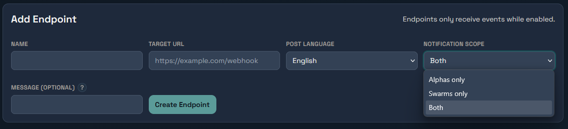 Add endpoint form with URL and language fields