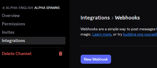 Discord integrations page with New Webhook button