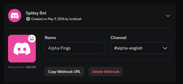 Webhook configuration showing name and channel selection